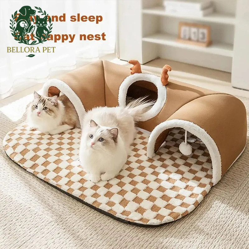 Reindeer Cozy Tunnel Cat Bed – Plush Winter Hideaway & Playhouse
