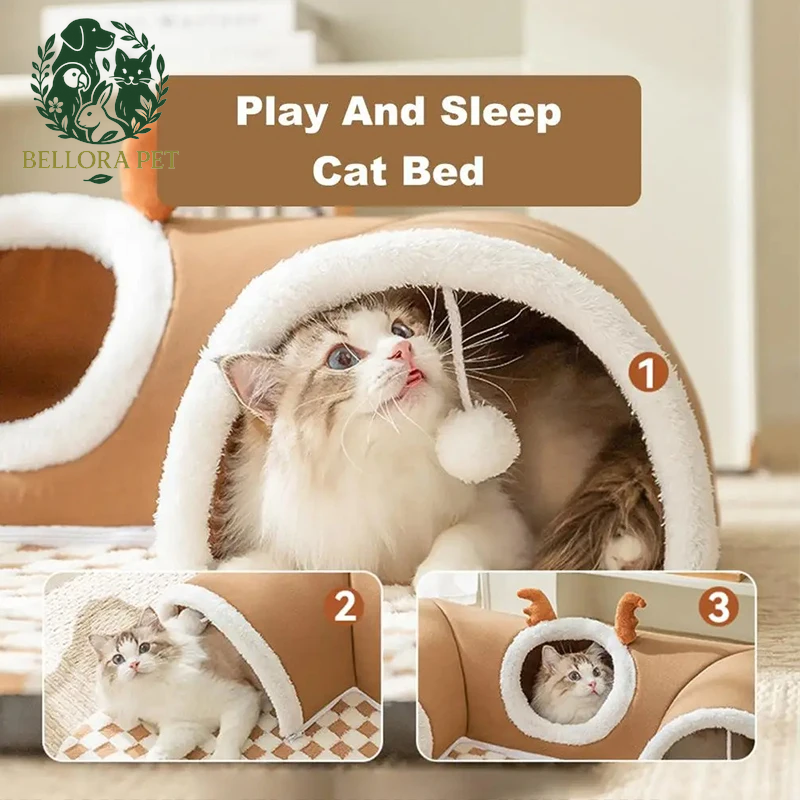 Reindeer Cozy Tunnel Cat Bed – Plush Winter Hideaway & Playhouse